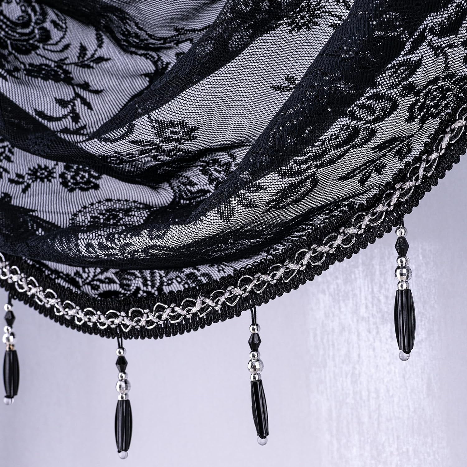 XmhyTop-A Black Window Valance 150x105cm, 1 Piece Bead Tassels Floral Semi Sheer Rod Pocket Valance Curtains, Decorative Lace Valance for Home