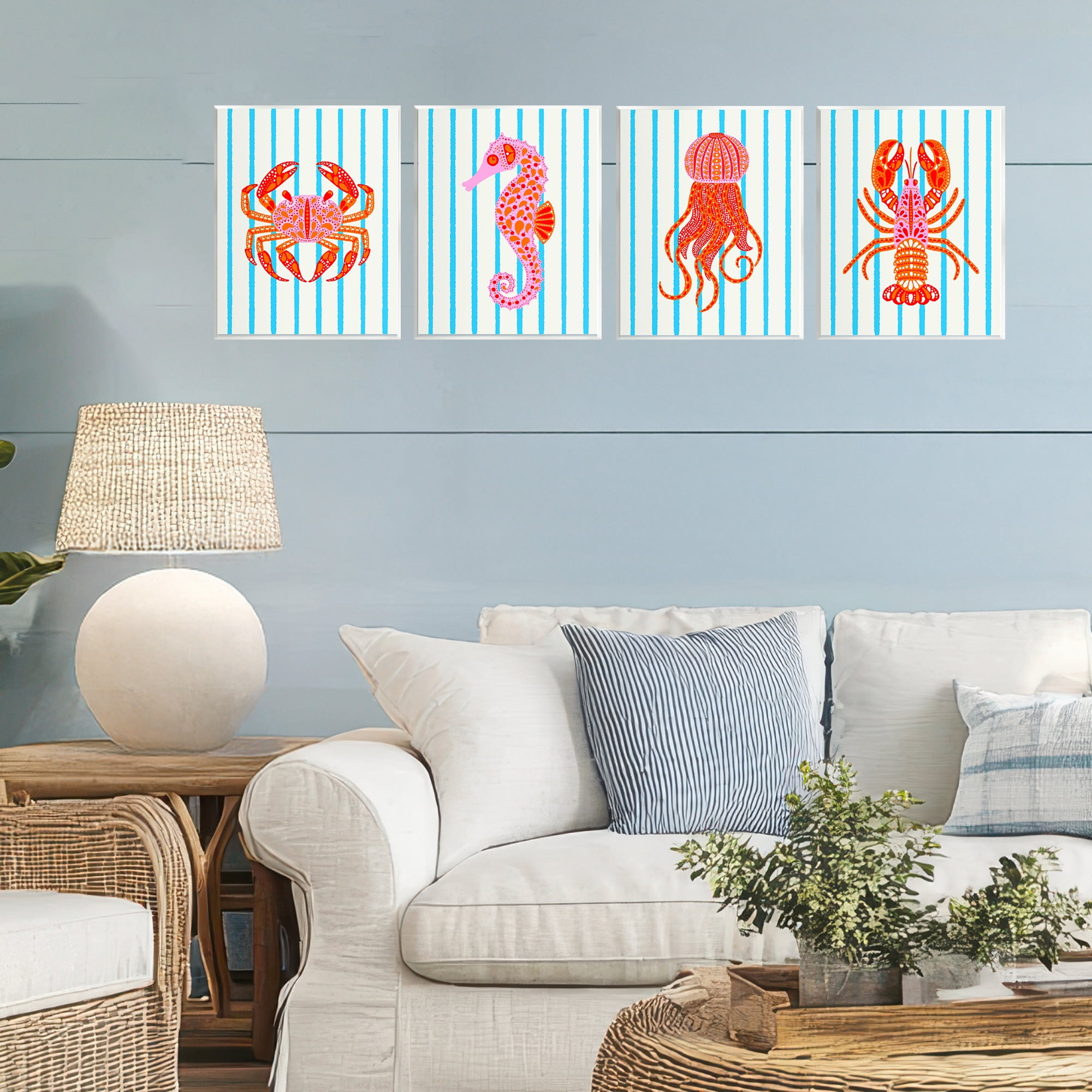 Stupell Industries Bright Sea Creatures on Stripes 4 Piece Wall Plaque Art Set, design by Indira Prieto | IndySign