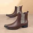 thumbnail image 3 of Men’s Leopard Print Chelsea Boots, Pointed Toe Metal Toe Cap Block Heel, Elastic Side Slip-On Fashion Boots Rivet Trim Square Toe Western Ankle Boots, 3 of 6