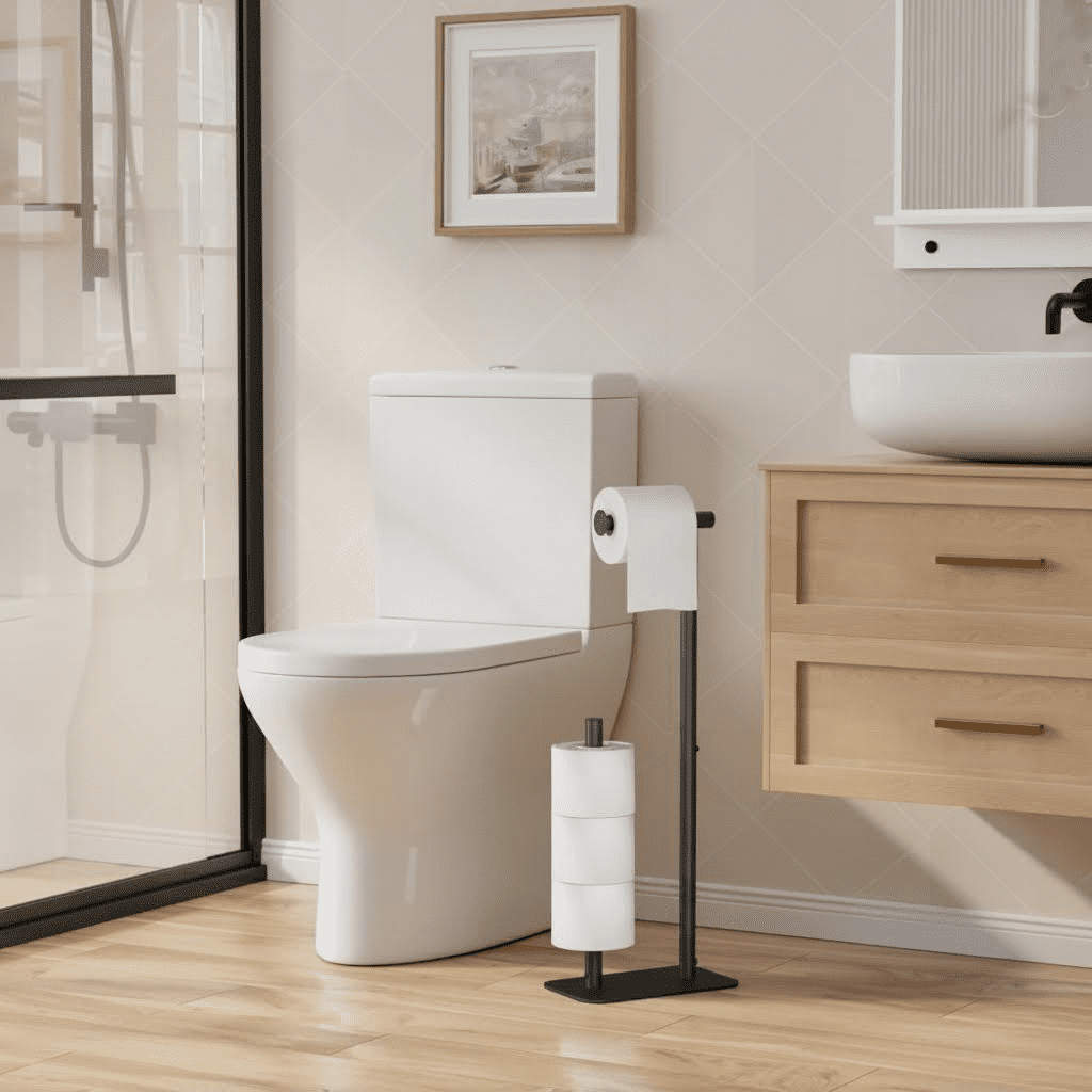 Freestanding Toilet Paper Holder with Large Capacity for 4 Rolls, Rustproof and Stable Base with Non-Slip Design, Medium Size in Black Finish
