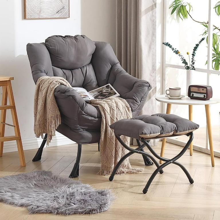 LITA Lazy Chair With Ottoman, Modern Accent Leisure Upholstered Sofa Chair, Contemporary Lounge Reading Chairs With Armrests And A Side Pocket For Living Room, Bedroom & Small Space, Plush Grey