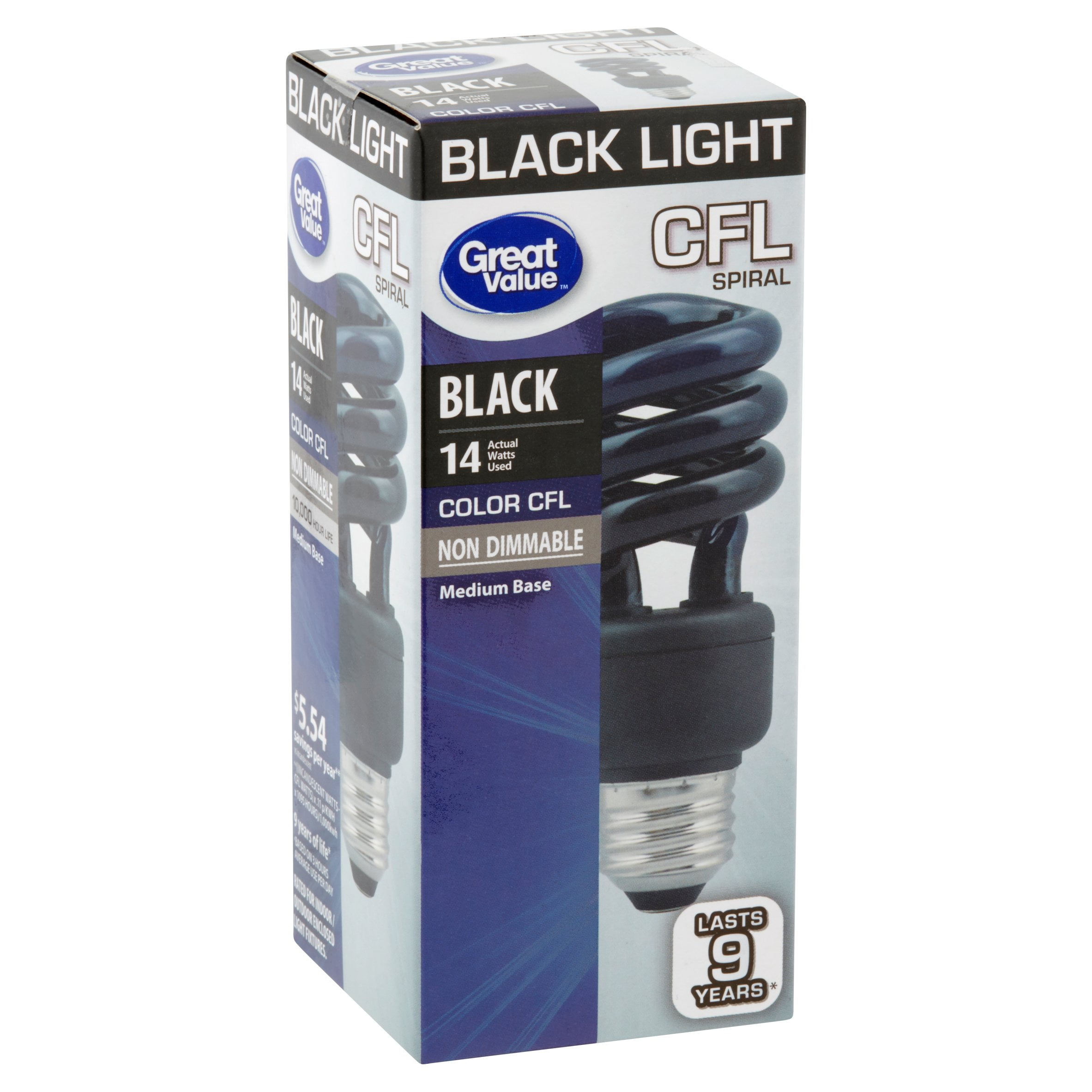 Great Value CFL Light Bulb 14 Watt Spiral Lamp E26 Medium Base Non Dimmable Black
