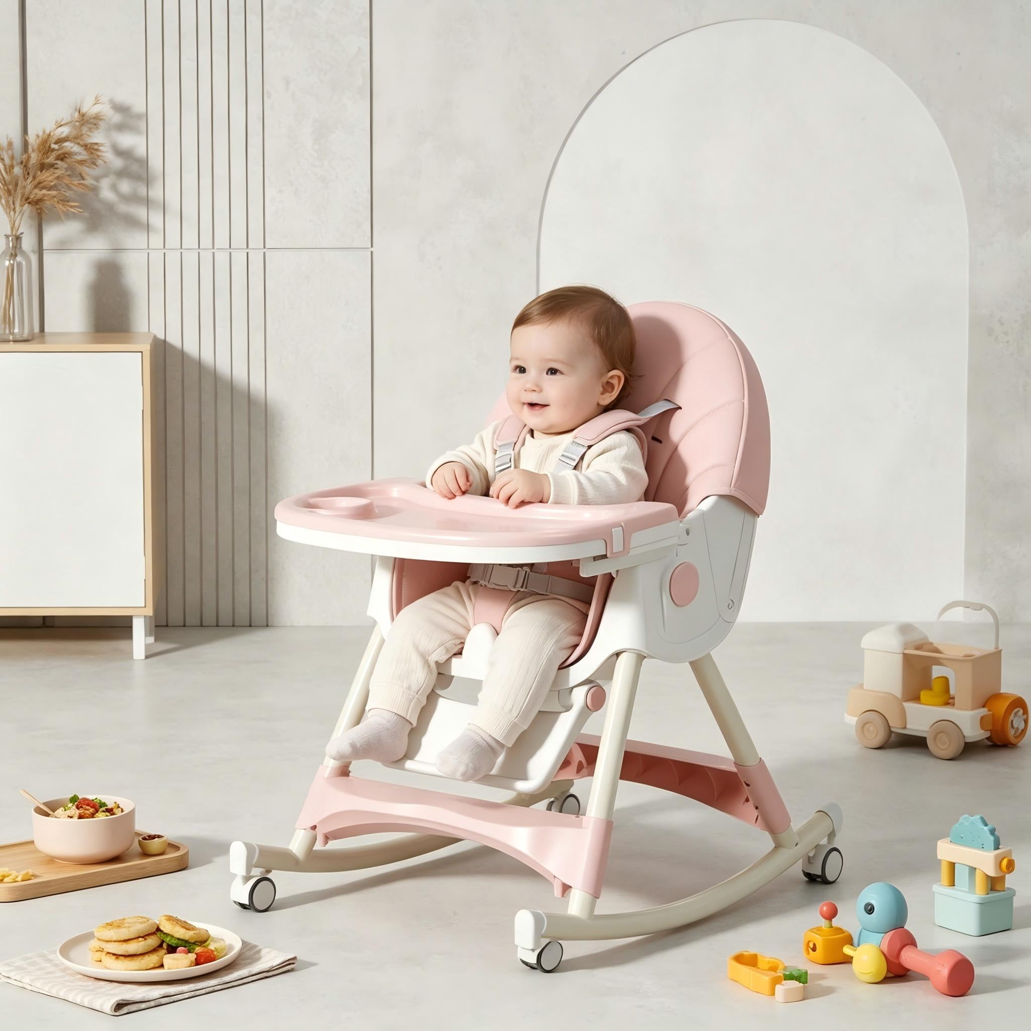 Cochildor 6 in 1 Foldable High Chair, Convertible High Chair for Baby&Toddler, with 5 Point Harness, Pink