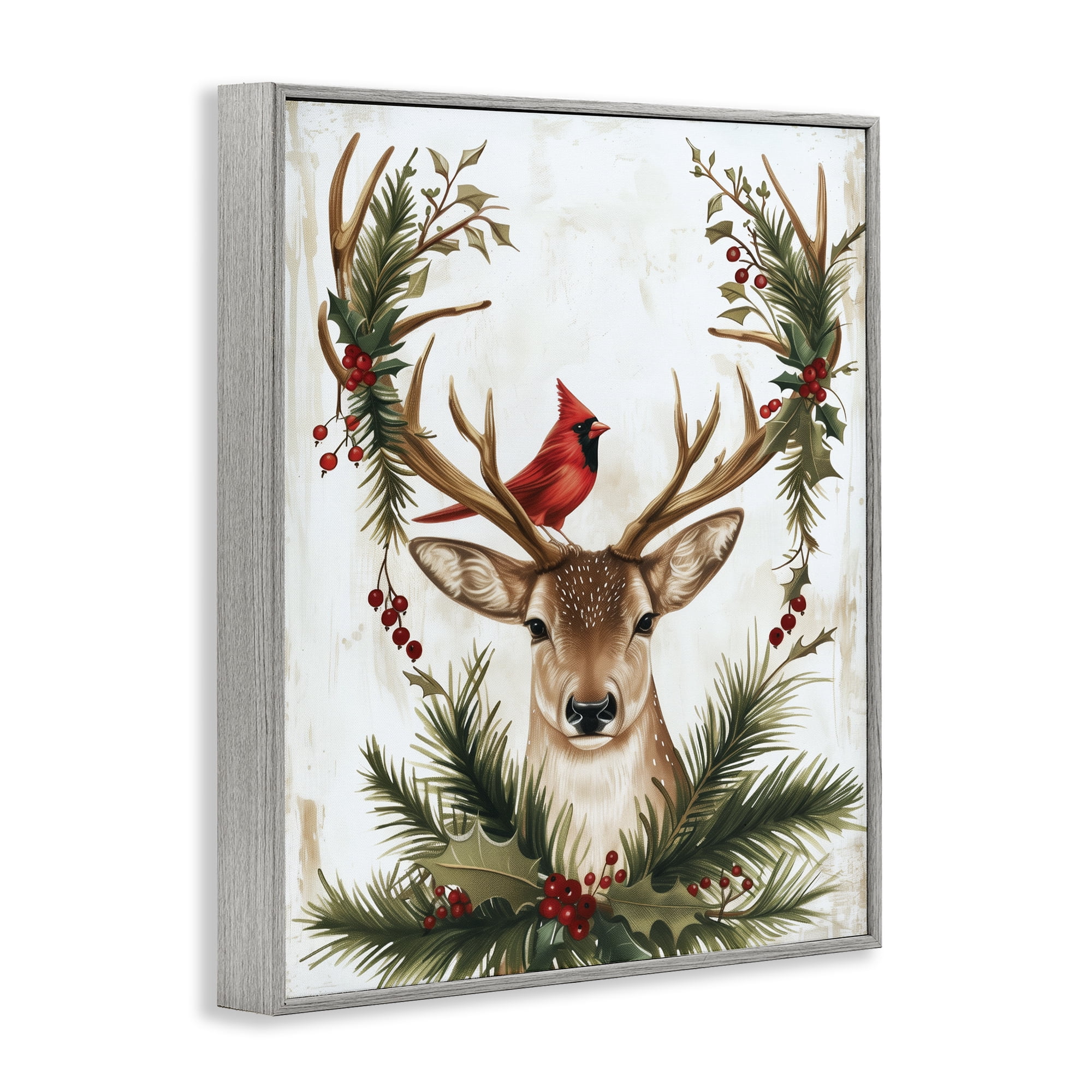Stupell Industries Cardinal & Deer with Festive Flora Gray Framed Giclee Art, design by Acorn & Ivory Designs