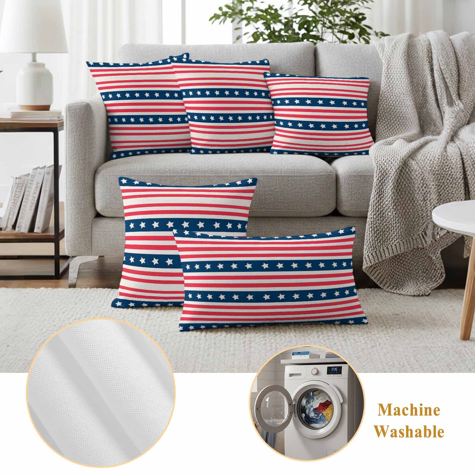 4th of July Outdoor Waterproof Pillow Covers, Independence Day Patriotic Red Blue Striped Decorative Square Throw Pillowcase Sofa Cushion Sham for Patio/Couch/Chair, 16"x16" 2 Pack