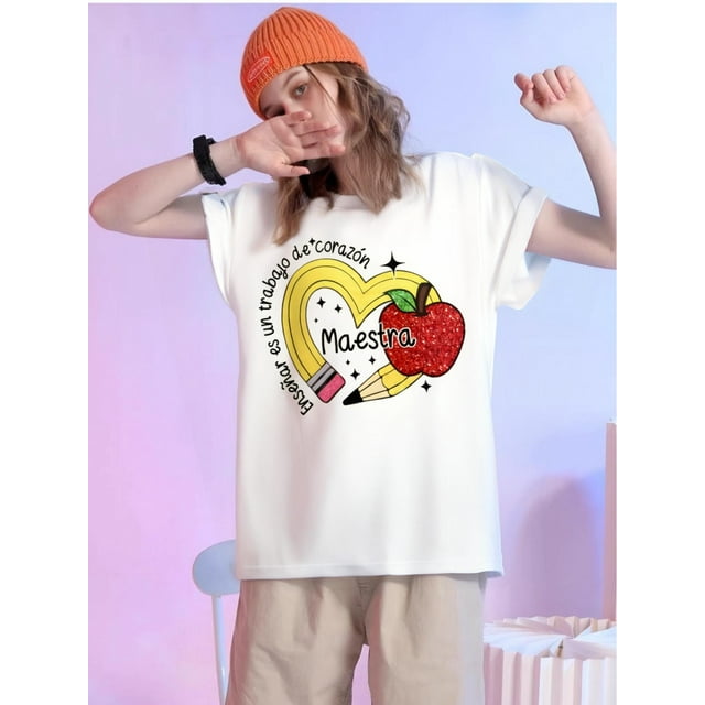 Happy Valentine'S Day Women's Teaching Is A Heart Work Creative Pattern Cartoon Fun Style T-Shirt, Women's Round Neck Casual Heavy Pure Cotton T-Shirt