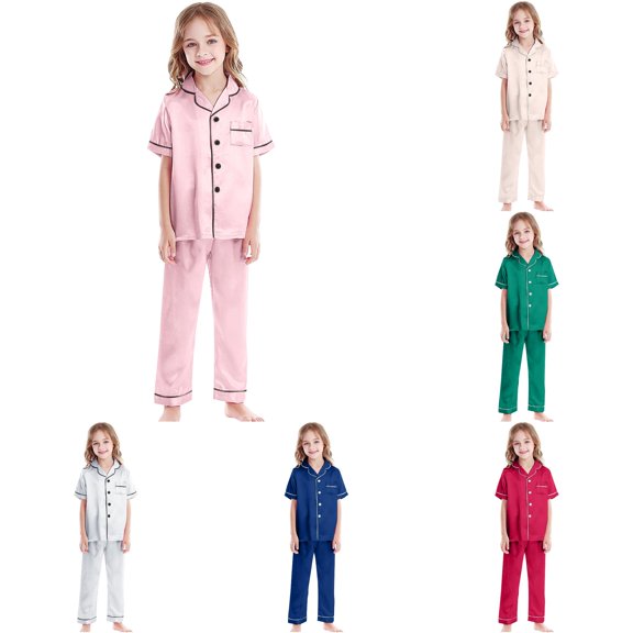 HCYSFG Girls Solid Color Pajama Sets 2 Piece Notch Neck Short Sleeve Lounge Set Button Front Top And Pants Chest Pocket Contrast Piping Sleepwear Sets