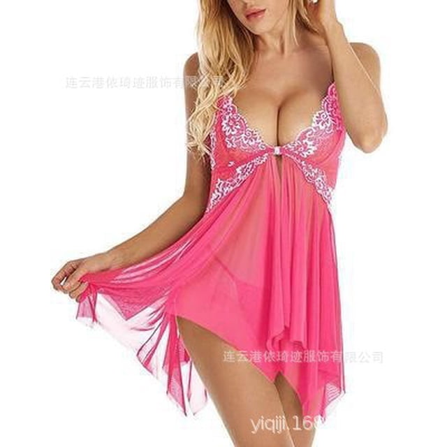 Encaje europeo y americano, lencería sexy multicolor, pijama, dobladillo, perspectiva irregular, centro delantero, abertura, vestido de tirantes, rosa, rojo S XianweiShao 1327537322153