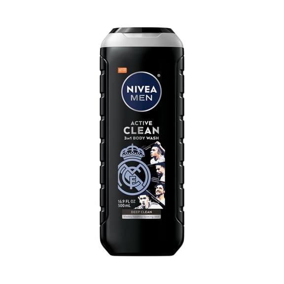 NIVEA MEN Real Madrid Limited Edition Design Active Clean 3-in-1 Men's Body Wash with Charcoal, Vanilla Bourbon Scent, 16.9 fl oz