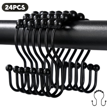 Godance Shower Curtain Hooks (Set of 24) - Stainless Steel Shower Curtain Rings, Black Shower Curtain Hooks Rust Proof - Anti Slip Roller Balls for Easy Glide (Double Hooks, Matte Black)