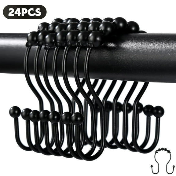 Godance Shower Curtain Hooks (Set of 24) - Stainless Steel Shower Curtain Rings, Black Shower Curtain Hooks Rust Proof - Anti Slip Roller Balls for Easy Glide (Double Hooks, Matte Black)