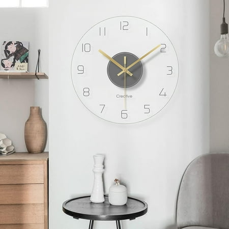 Glass Wall Clock 12 Inch Modern Clear Clock with Arabic Numerals, Silent Non-Ticking Quartz Movement, Elegant Round Crystal Look for Living Room Office Decor
