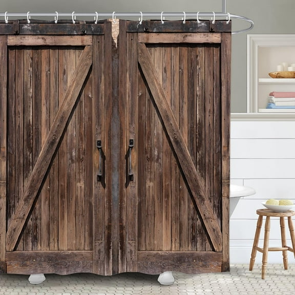 Barn Door Rustic Bathroom Shower Curtain 72W by 72H Inch Farmhouse Brown Wood Wooden Country Vintage Rural Polyester Fabric 12 Plastic Hooks Waterproof Decor