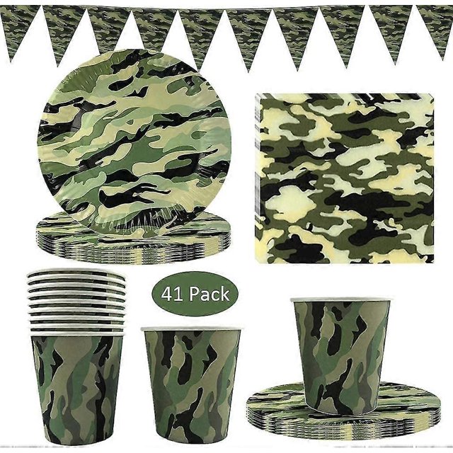 41 Pack Camouflage Disposable Tableware, Camouflage Party Supplies With Camo Plates Cups Napkins And Triangle Banner For Army Military Hunting Themed