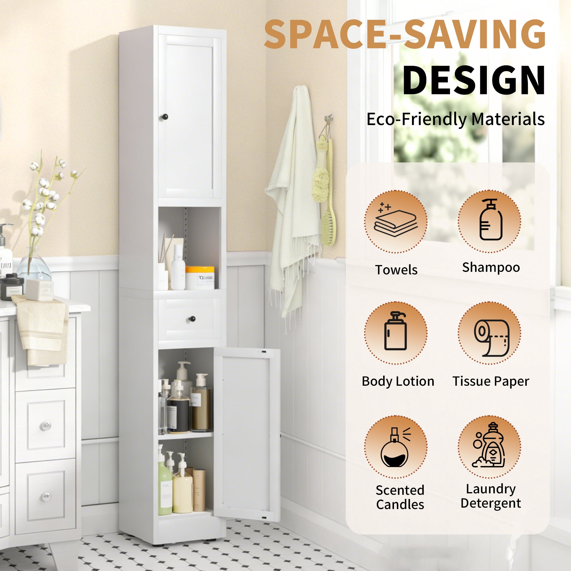 Leumius 71 Inch Tall Bathroom Storage Cabinet,Freestanding 5-Tier Narrow Metal Cabinet with 2 Doors & Adjustable Shelves for Kitchen Living Room Bathroom,White