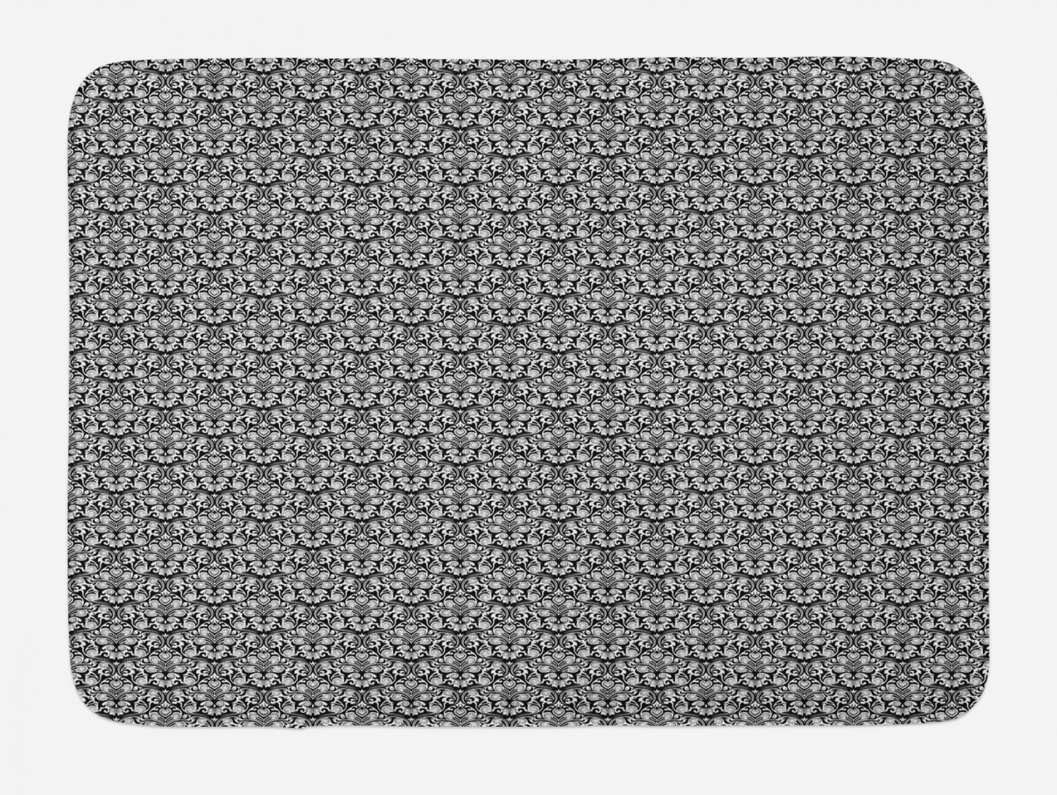 Black and White Bath Mat, Scroll Curly Leaves and Petals with Swirl