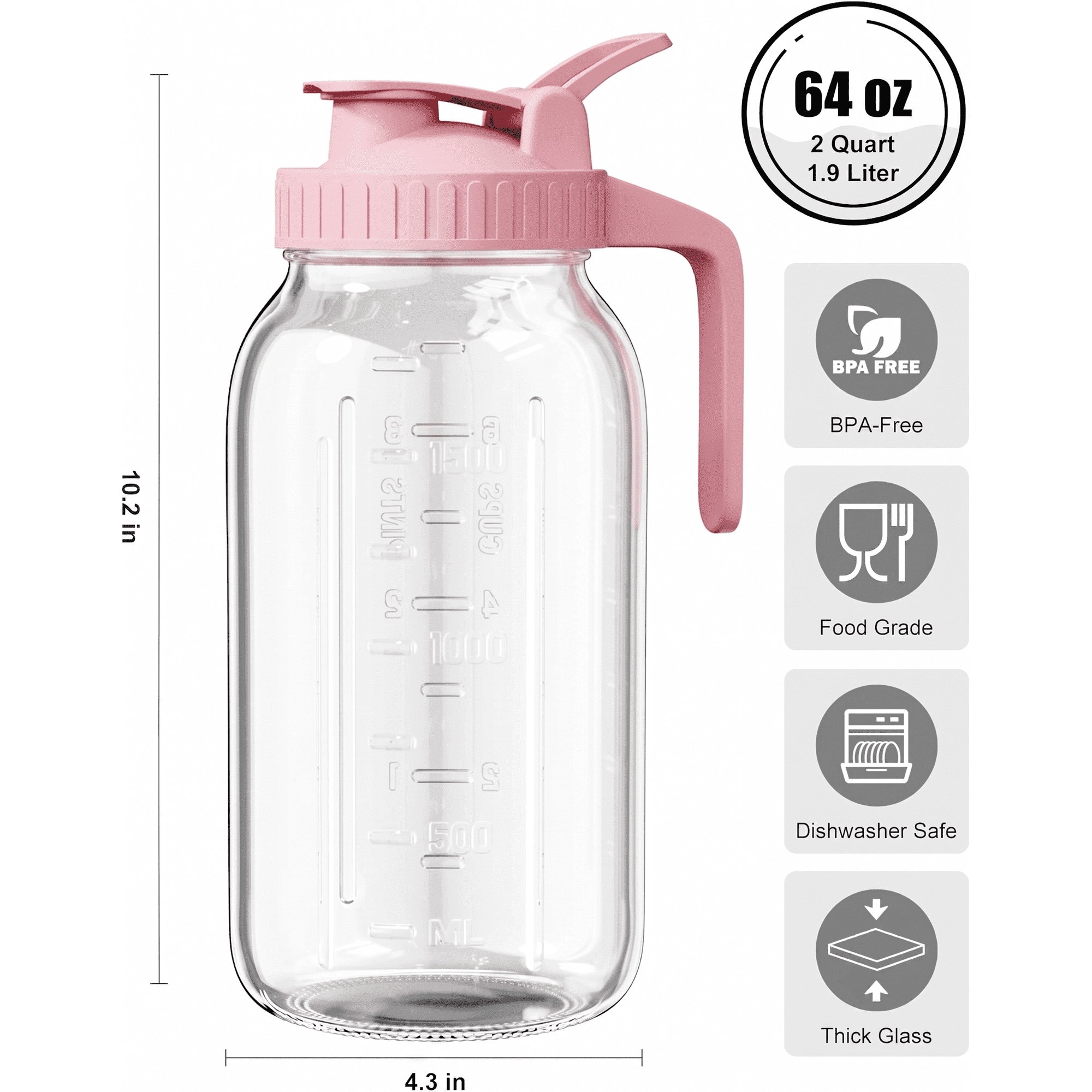 64oz Glass Pitcher with Lid, 2 Quart Mason Jar Pitchers, Ultra-thick Glass, Leak Proof, Wide Mouth Breast Milk Glass Jug, Cold Brew Coffee, Fridge Container for Water, Juice, Sun Tea - Pink