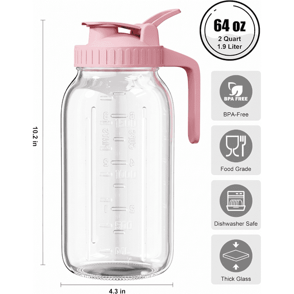 64oz Glass Pitcher with Lid, 2 Quart Mason Jar Pitchers, Ultra-thick Glass, Leak Proof, Wide Mouth Breast Milk Glass Jug, Cold Brew Coffee, Fridge Container for Water, Juice, Sun Tea - Pink