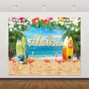 Beach Backdrop For Hawaiian Aloha Luau Party Decorations Summer Tropical Sea Ocean Seaside Palm Tree Leaves Surfboard Flamingo Background Aloha Party Banner Decorations