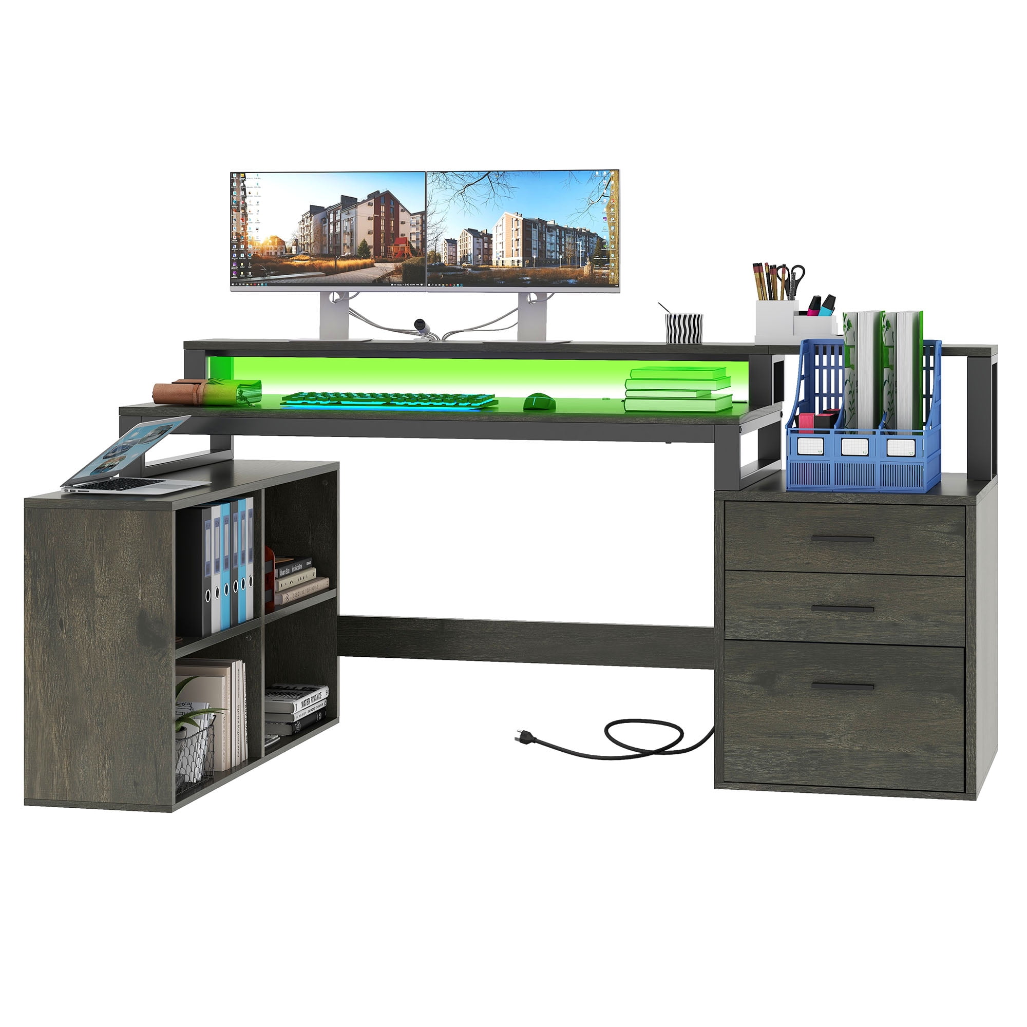 Uforic L Shaped Desk with LED Light & Power Outlets, Corner Computer Desk with Drawers & Open Storage Shelves, Gray