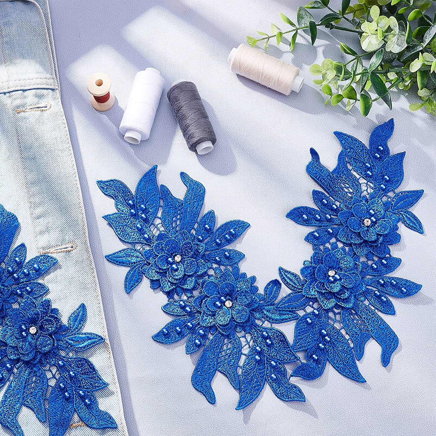 2 Pcs 3D Lace Applique Patches Blue Sew on Embroidery Lace Flower Patches Floral Pattern Beaded Rhinestone Lace Trim Fabric Bead Appliques for Sewing