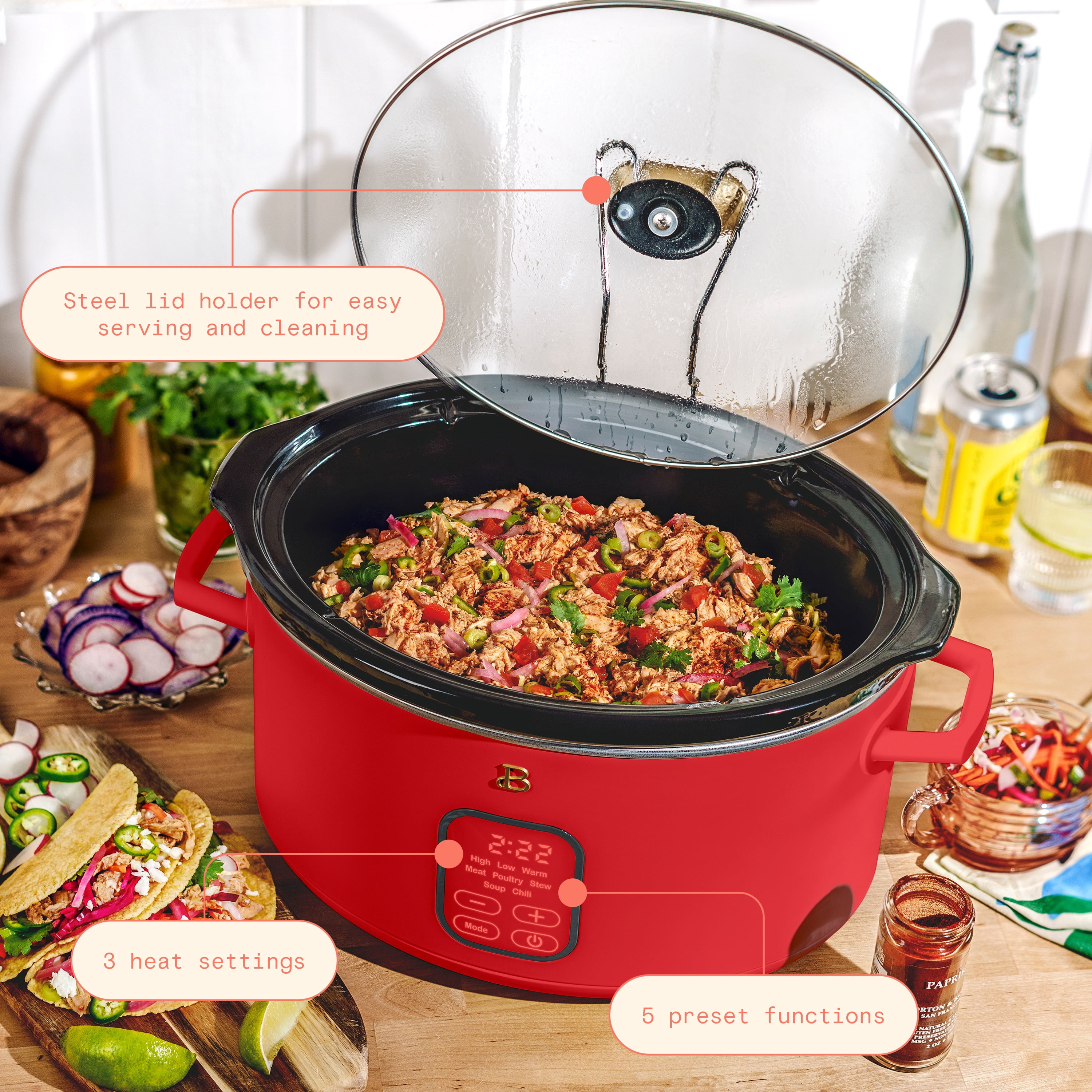 Beautiful 6 Qt Programmable Slow Cooker, Tomato Red by Drew Barrymore