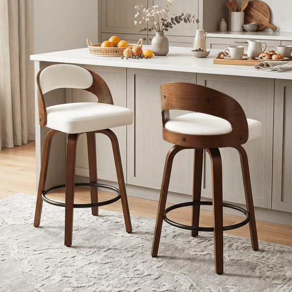 DRLOVELY Bar Stools Set of 2, 26 Inch Counter Height Swivel Bar Chairs, White Chenille Upholstered Seat, Mid-Century Modern Style, Solid Wood Legs