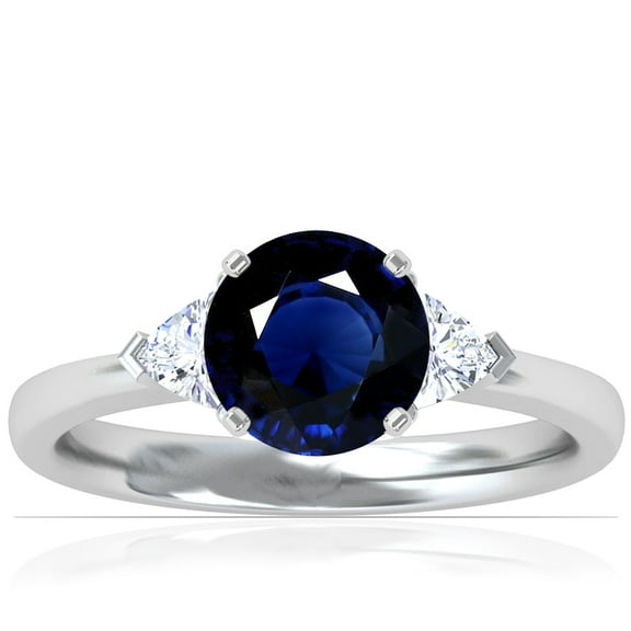 GemsNY September Birthstone - Classic Round Blue Sapphire Three Stone Ring with Trillion Cut Side Diamonds (Grade - AA | 1.29cttw)