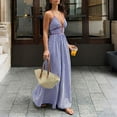 thumbnail image 5 of Women's Beach Dress Striped Halter V-Neck Maxi Sundress Tunic Open Back Vacation Summer Dress Blue M, 5 of 8