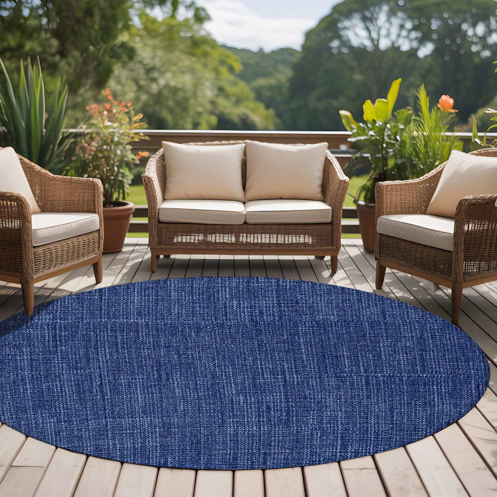 Non-Slip Rug Pad Rugs Navy Blue Retro Linen Round Area Rugs 6Ft Soft Carpet Pads for Living Room Kids Room Solid Color