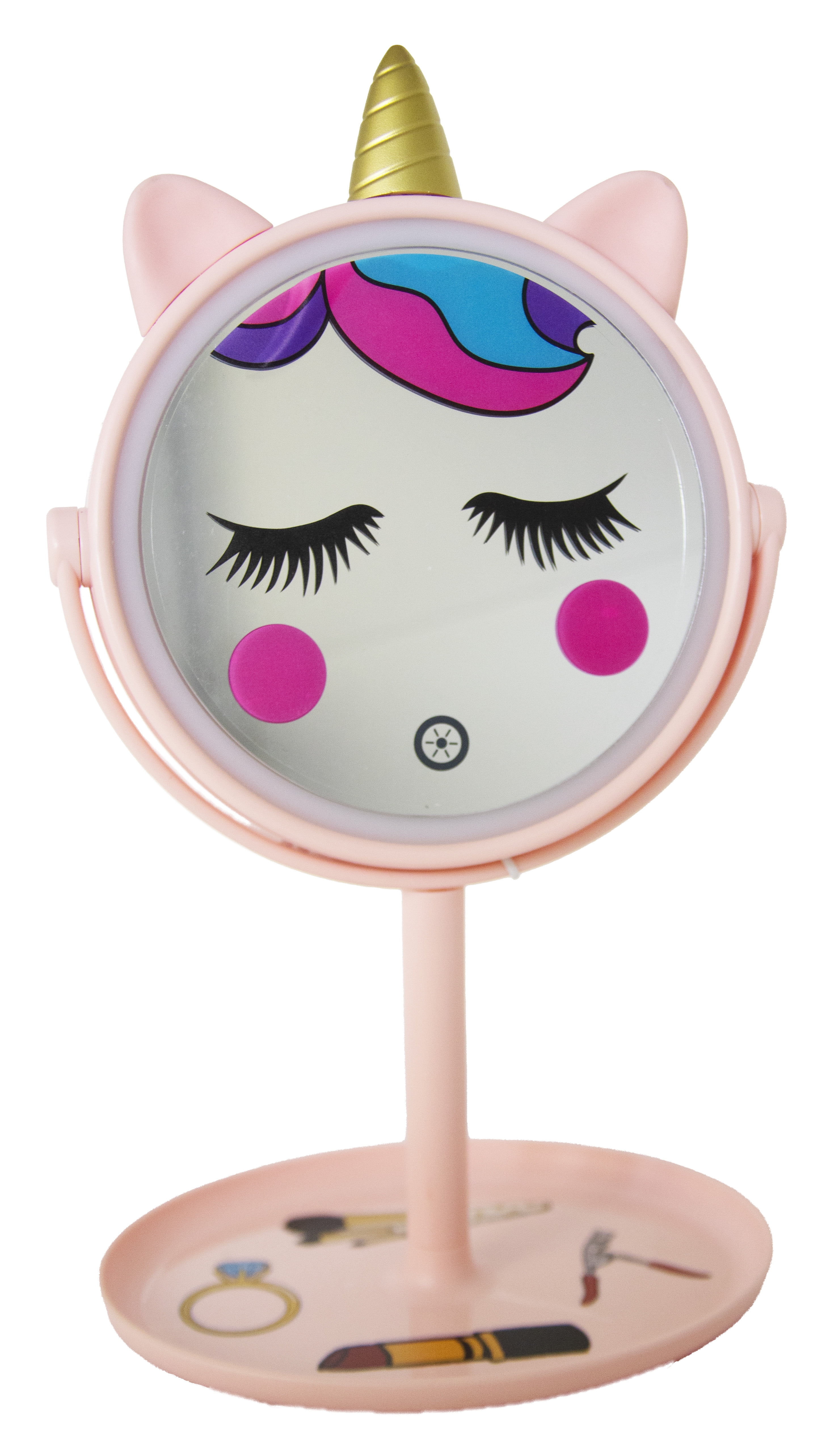 Onyx Professional Freestanding LED Unicorn Mirror with Storage Tray, Pink Multicolor Finish