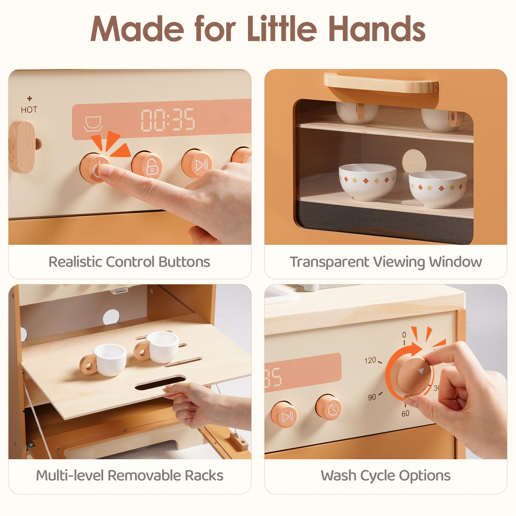Robud Wooden Dishwasher Playset for Kids - Pretend Kitchen Sink with Faucet, Turning Knobs, Dish Rack & Tableware for Toddler Role Play Toy Ages 3+, Caramel