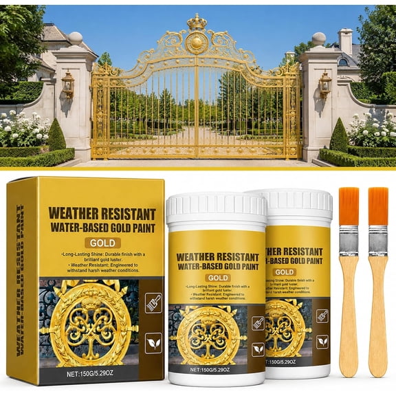 Weather Resistant Water-Based Gold Paint, Waterproof Acrylic Paint Metallic Leaf Antique Gold Liquid Spray Paint Non Fading for Metal Wood Canvas Plaster Handicraft Gilding Home Decoration (2Pcs)