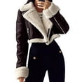 thumbnail image 2 of Womens Leather Jacket Faux Fur Moto Jacket Winter Trench Coat Cropped Shearling Jacket Dark Coffee L, 2 of 9