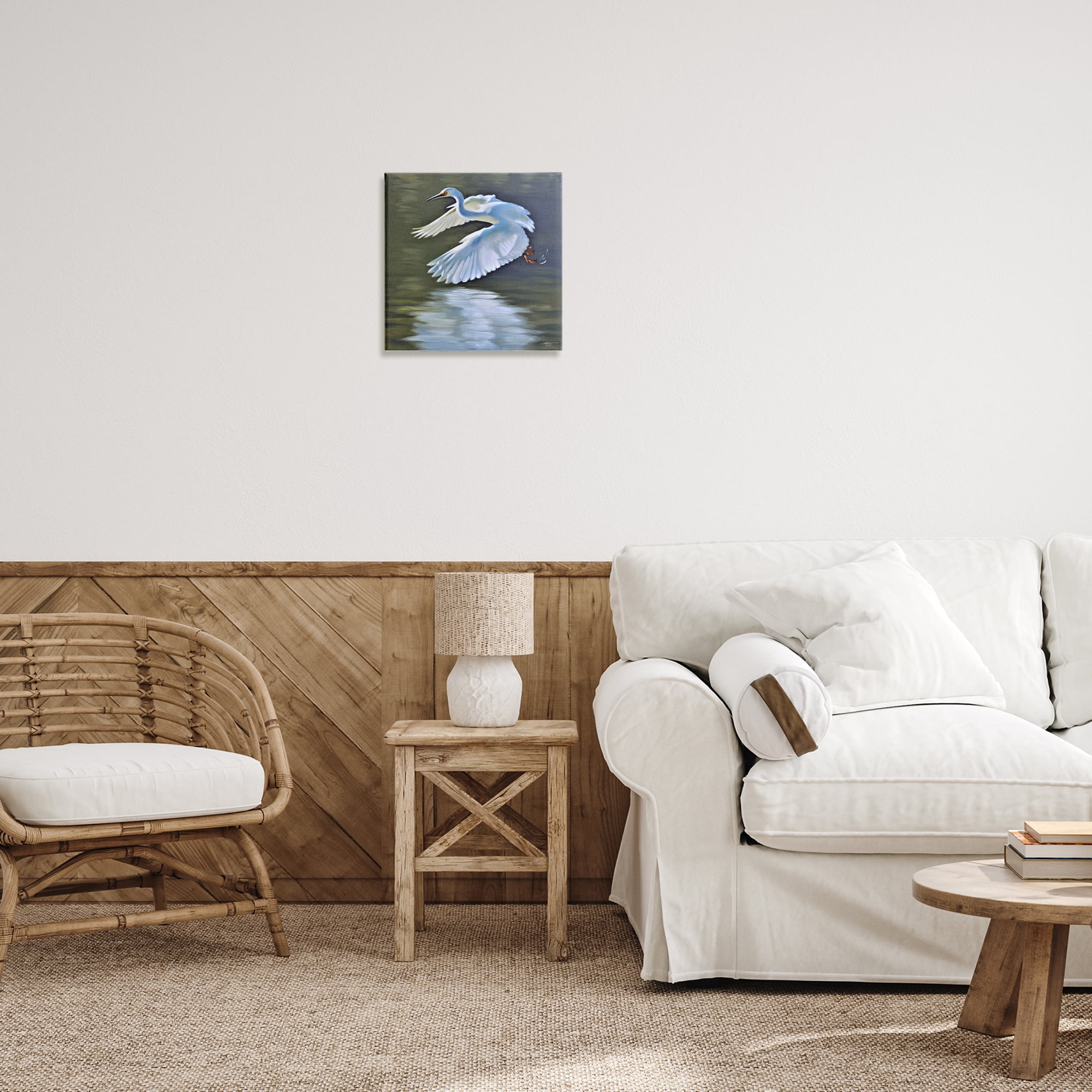 Stupell Industries Egret Flying Lake Surface Animals & Insects Painting Gallery Wrapped Canvas Art Print Wall Art, 17 x 17