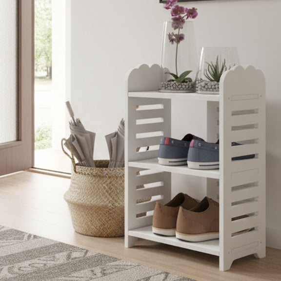Zapatero Estrecho de 3 Niveles | Zapatero Compacto y Compacto de Pvc Blanco, Madera y Plástico | Almacenamiento Abierto Impermeable para Entrada, Baño y Pasillo | Estante Organizador de Zapatos Multi