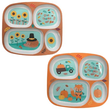 Fall Dinnerware Divided Plates for Kids Melamine Plastic Compartment Plates Reusable Set of 2 Thanksgiving, Autumn Harvest themed Dishes, BPA Free, Top Rack Dishwasher Safe Woodland Creatures