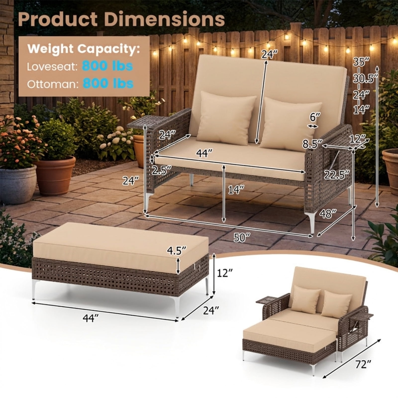 Furnibear 2 Piece Patio Rattan Daybed Outdoor Wicker Loveseat and Ottoman Set with Adjustable Backrest and Cushions for Garden Poolside Backyard, Brown