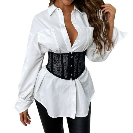 

Women Lace Up Tie Back Bustier Corset Mesh Cincher Wide Belt Corset