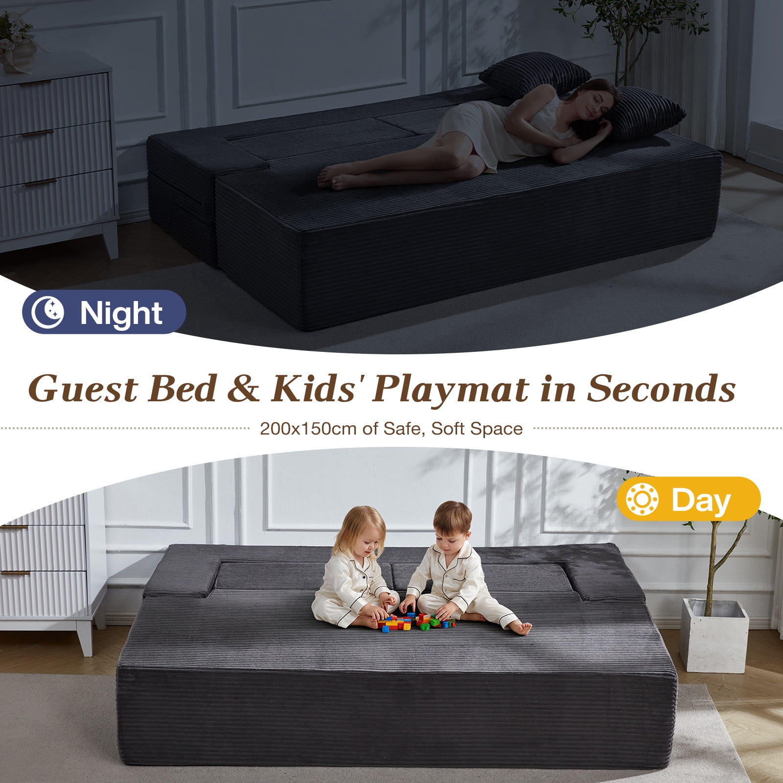78.7'' Folding Sofa Bed with 2 Ottomans, 3-in-1 Convertible Foam Futon, Flip-Up Armrest with Cup Holder, Oeko-TEX Certified Corduroy, No Assembly Sleeper Couch for Small Space,Dark Grey
