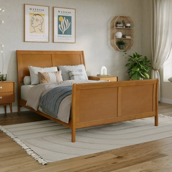Portland Full Low Profile Platform Bed with Matching Footboard in Light Toffee