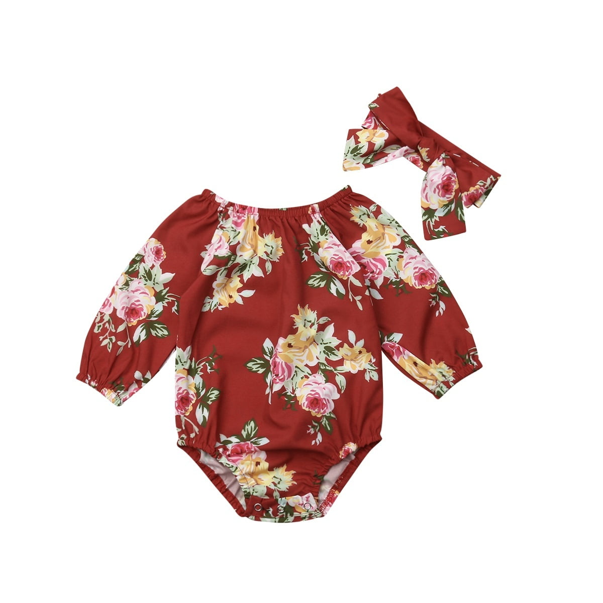 Newborn Baby Girls Flower Romper Bodysuit Jumpsuit Headband Outfits Clothes Set