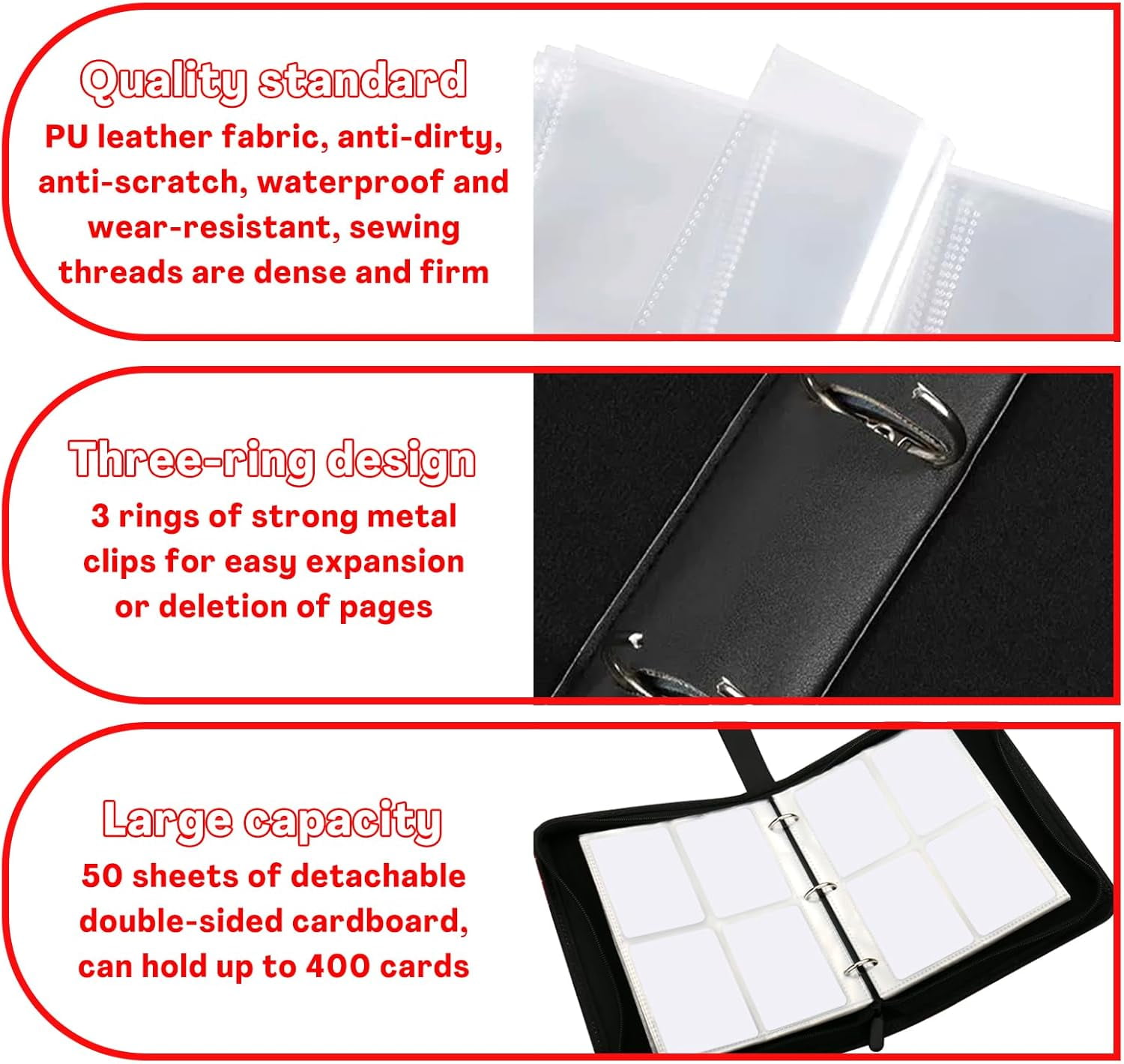Card Binder with 4 Pockets with Zipper for 50 Pages, 400 Reversible Pocket PU Waterproof Collector's Binder, 3-Ring Zipper Collector Card Album for MTG TCG Sports Cards Game Cards