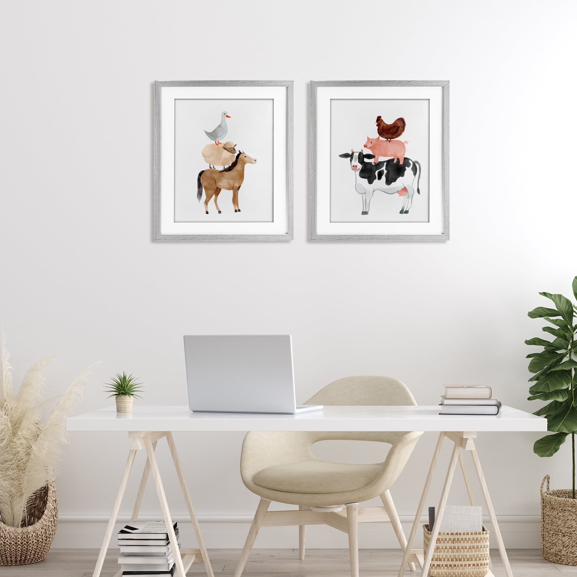 Stupell Industries Whimsical Farm Life Stacks 2 Piece Gray Framed Print Under Glass Set, design by Kim Allen