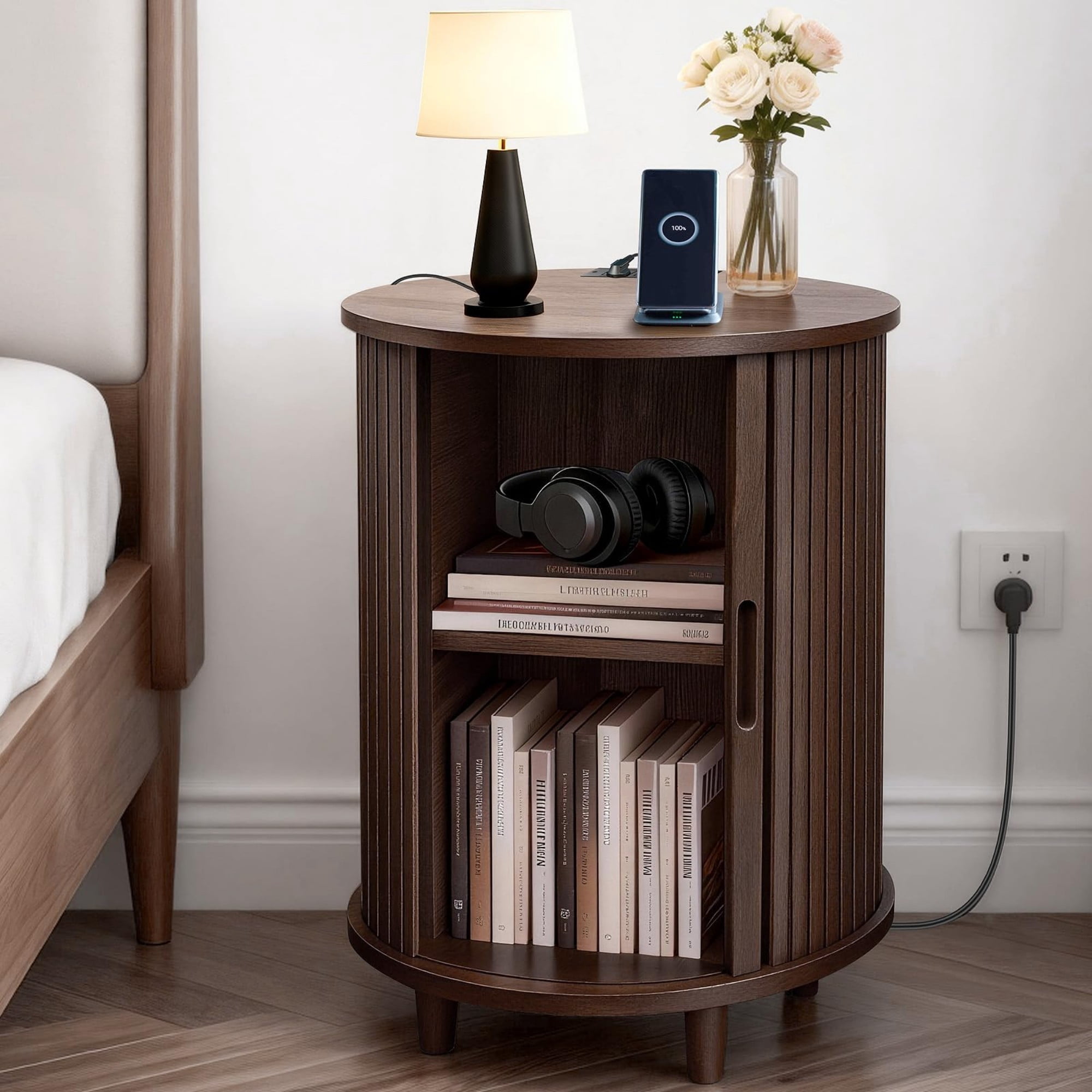 Round End Table Set of 2 with Charging Station, Fluted Nightstand with Sliding Door & Adjustable Shelf, Mid Century Side Table, Coffee