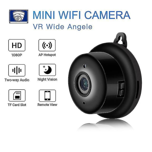v380 videocámaras mini wifi cámara ip hd 1080p cámara inalámbrica para interiores visión nocturna audio bidireccional detección de movimiento monitor de bebé — Vista frontal centrada de una micro cámara circular negra con lente visible y gancho de montaje; íconos muestran 1080P, AP Hotspot, audio bidireccional, visión nocturna y vista remota. A menudo se usa también como cámara compacta para supervisar mascotas o equipaje durante viajes.
