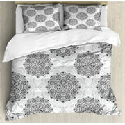 Orient Duvet Cover Set Queen Size, Ornamental Illustration of Circular Formations with Swirls Dots and Strokes, Decorative 3 Piece Bedding Set with 2 Pillow Shams, Charcoal Grey White, by Ambesonne