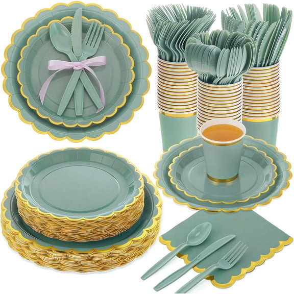 350 Pcs Sage Green and Gold Foil Plates and Napkins, 50 Guest Spring Party Supplies Include Gold Foil Scalloped Paper Plates Napkins Cups Plastic Spoons Forks Knives for Birthday Baby Shower