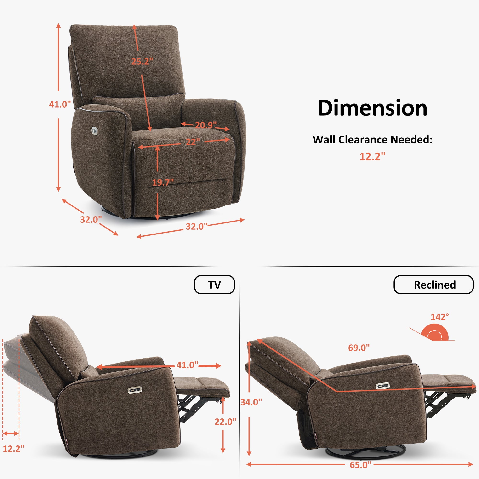 MCombo Power Swivel Glider Recliner Chair, Electric Rocker Recliner Chairs with USB Charging Ports for Living Room and Nursery, Fabric 6922 (Brown)