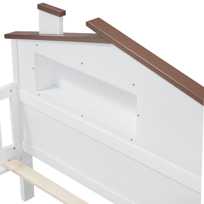 Bellemave Twin Bed with House-Shaped Headboard and Guardrail, Wood Platform Bed Frame Built-in Storage and LED Light, Twin Size Bed No Box Spring Needed (White)